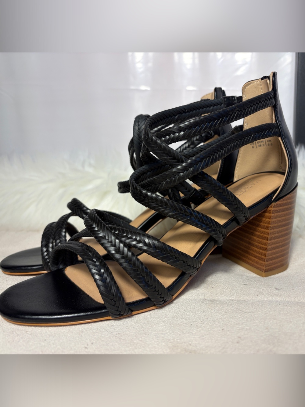 Market & Spruce Black Braided Strappy Block Heel Sandals